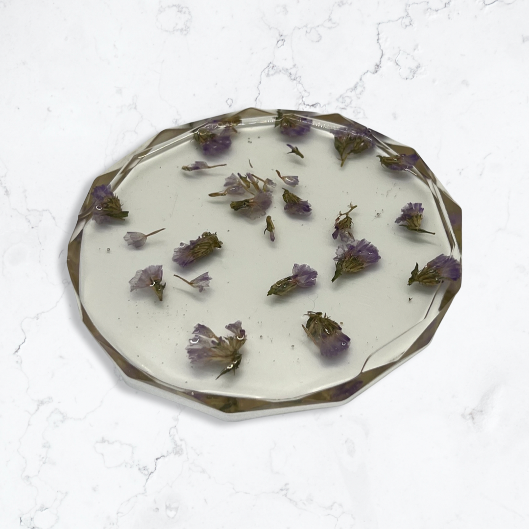 Lavendar crystal edge flower filled coasters