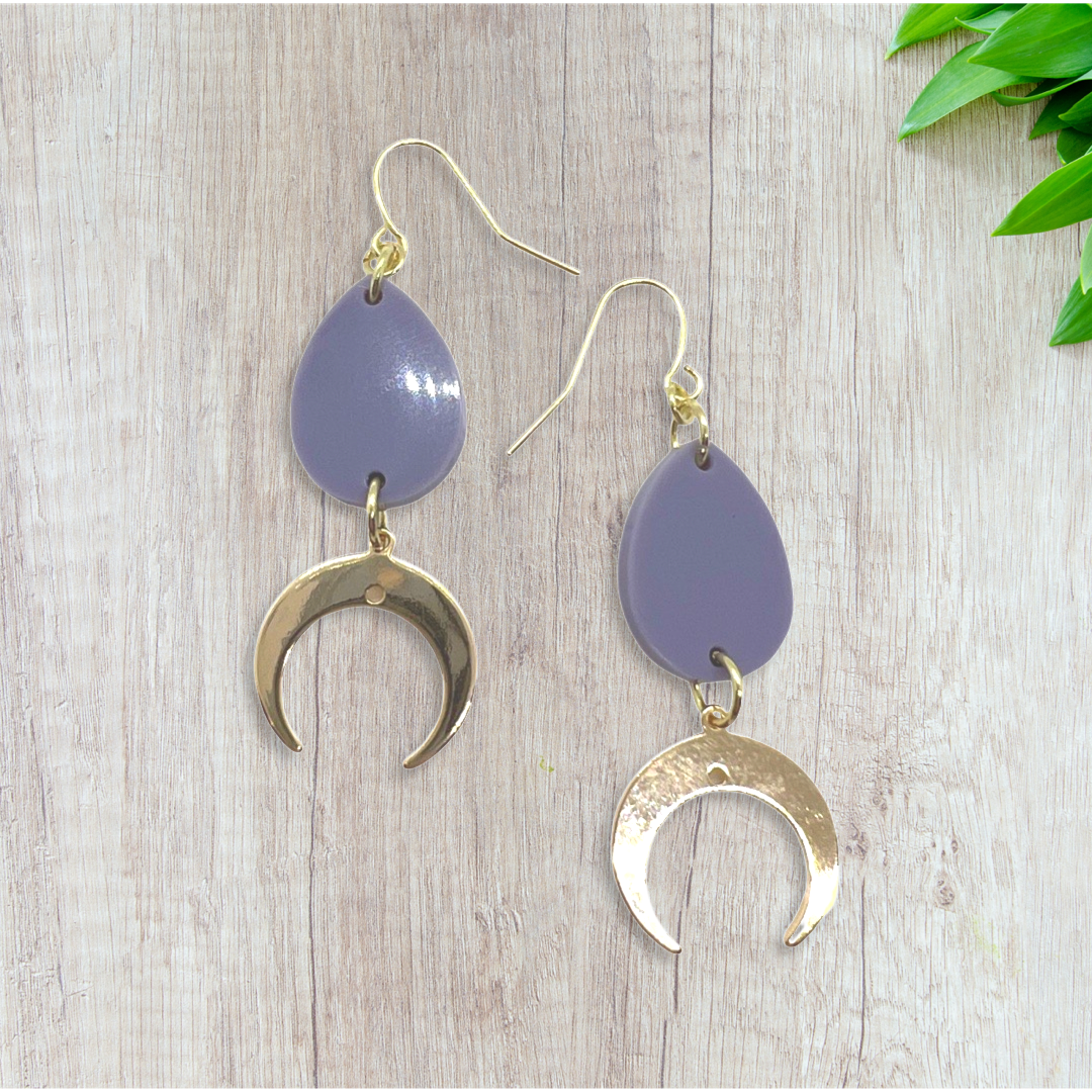 Lavender tear drop with gold crescent moon charm