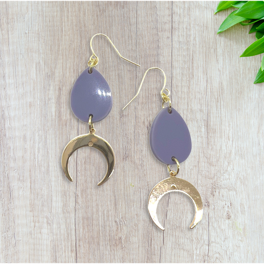 Lavender tear drop with gold crescent moon charm