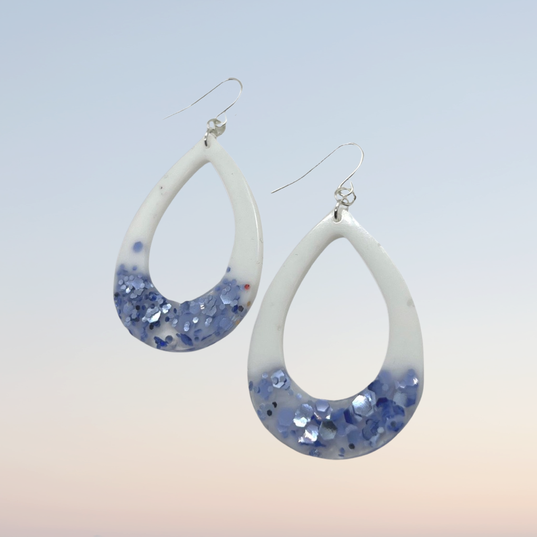 White with purple glitter tear drop cut-out earrings