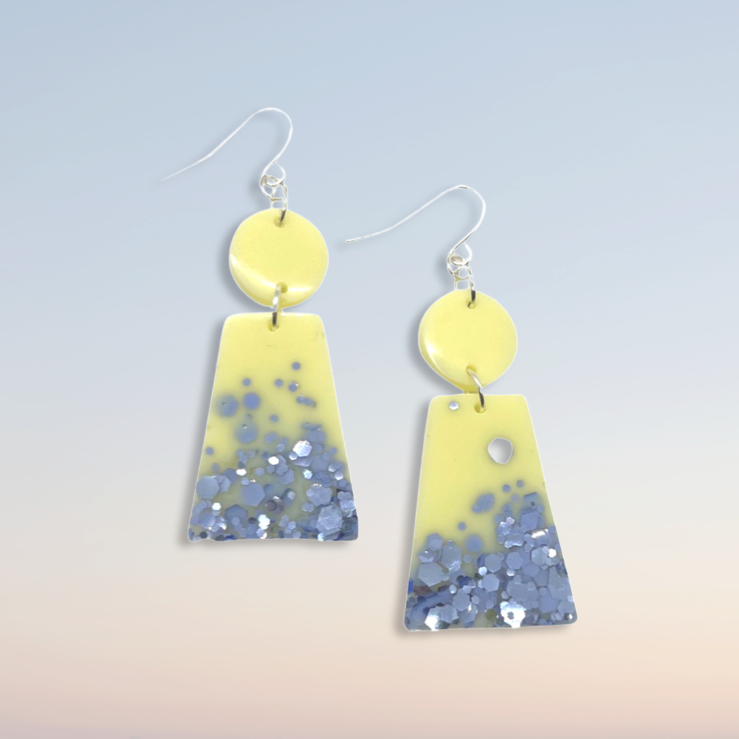 Yellow & purple glitter dangle earrings