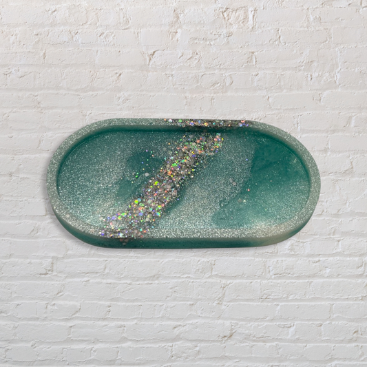 Teal glitter oval tray