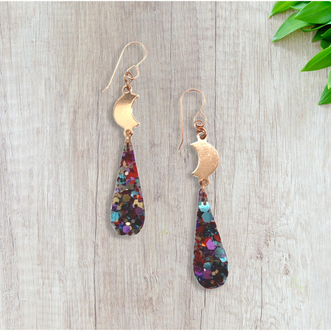 Tiny rose gold moon tear drop earrings