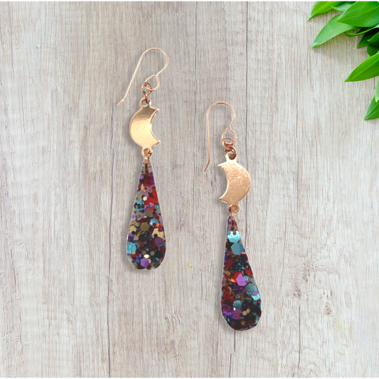 Tiny rose gold moon tear drop earrings