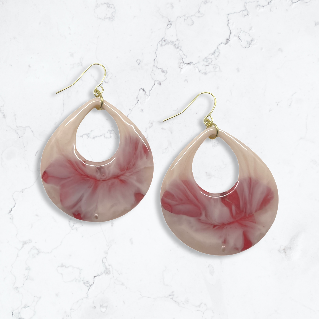 Tear drop cut-out pink flower earrings