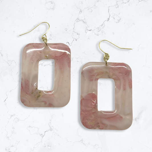 Milky white swirled cut-out rectangle earrings