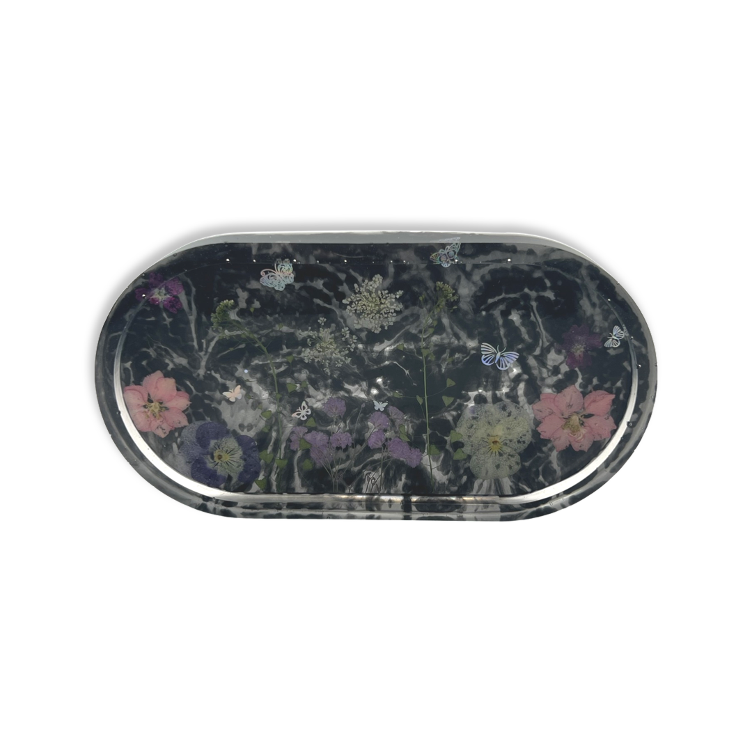 Black swirls with bright flowers tray