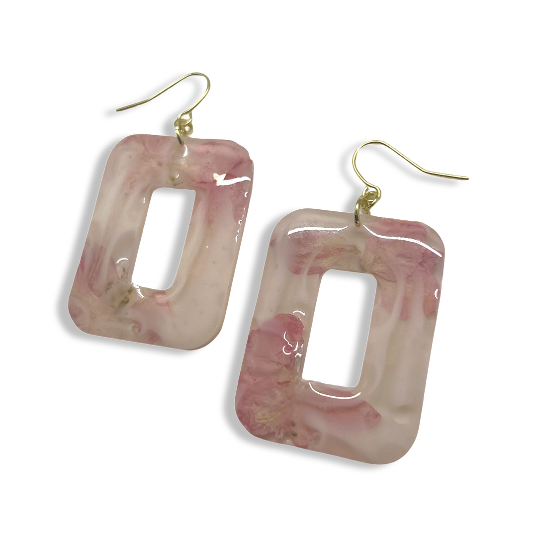 Milky white swirled cut-out rectangle earrings