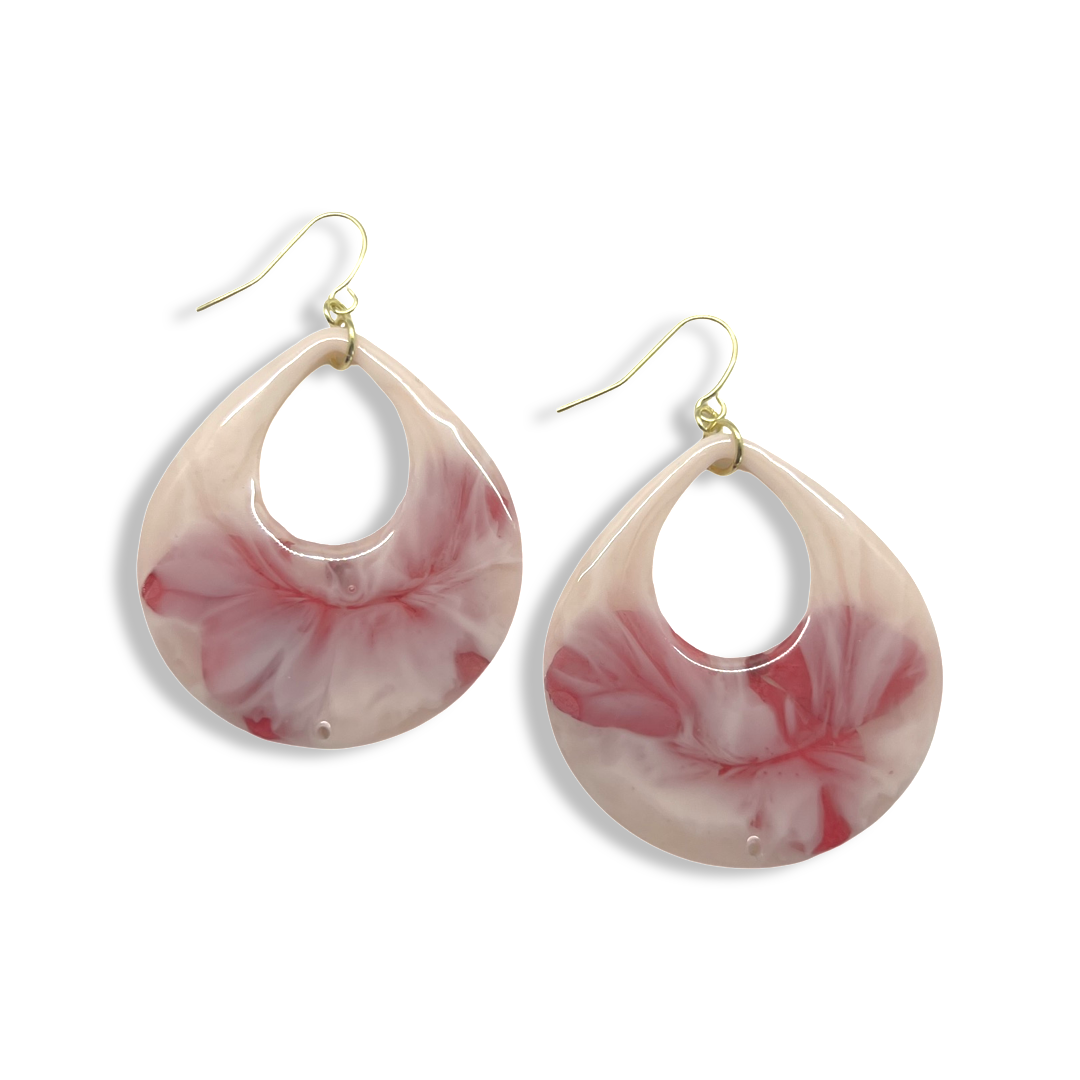 Tear drop cut-out pink flower earrings