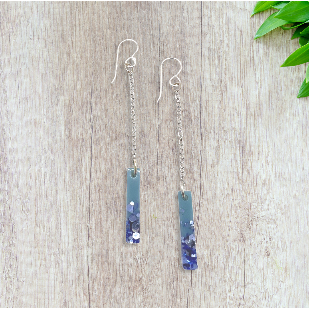 Thin blue with purple glitter rectangle dangle earrings