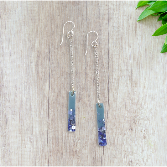 Thin blue with purple glitter rectangle dangle earrings