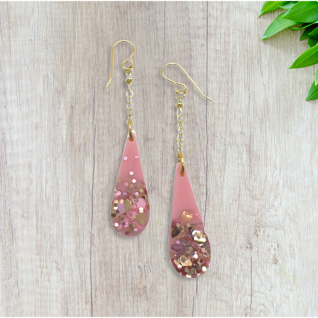 Pink tear drop earrings with gold & pink glitter