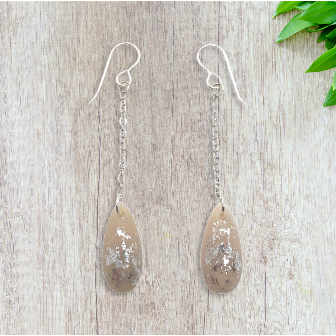 Beige & silver foil egg drop earrings