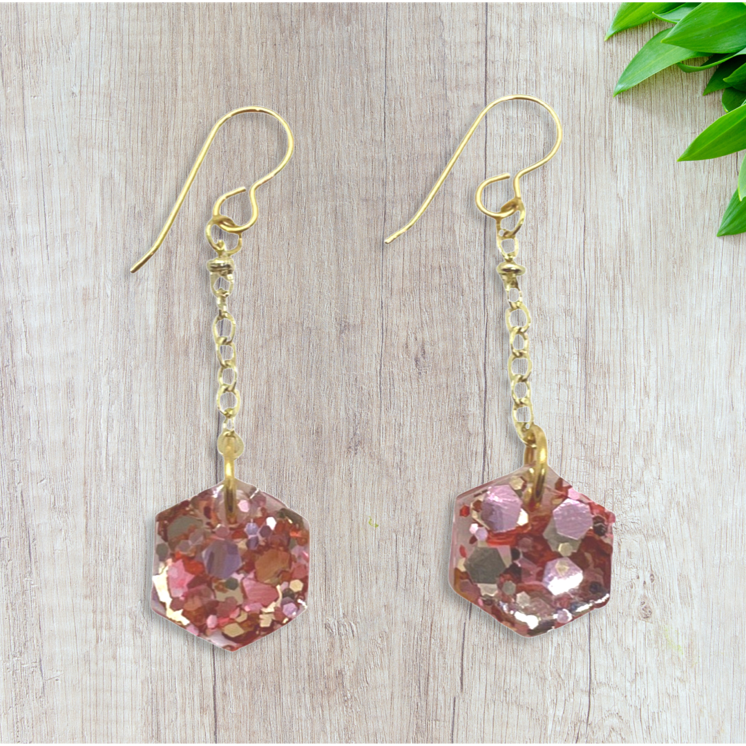 Pink & gold glitter hexagon dangle earrings